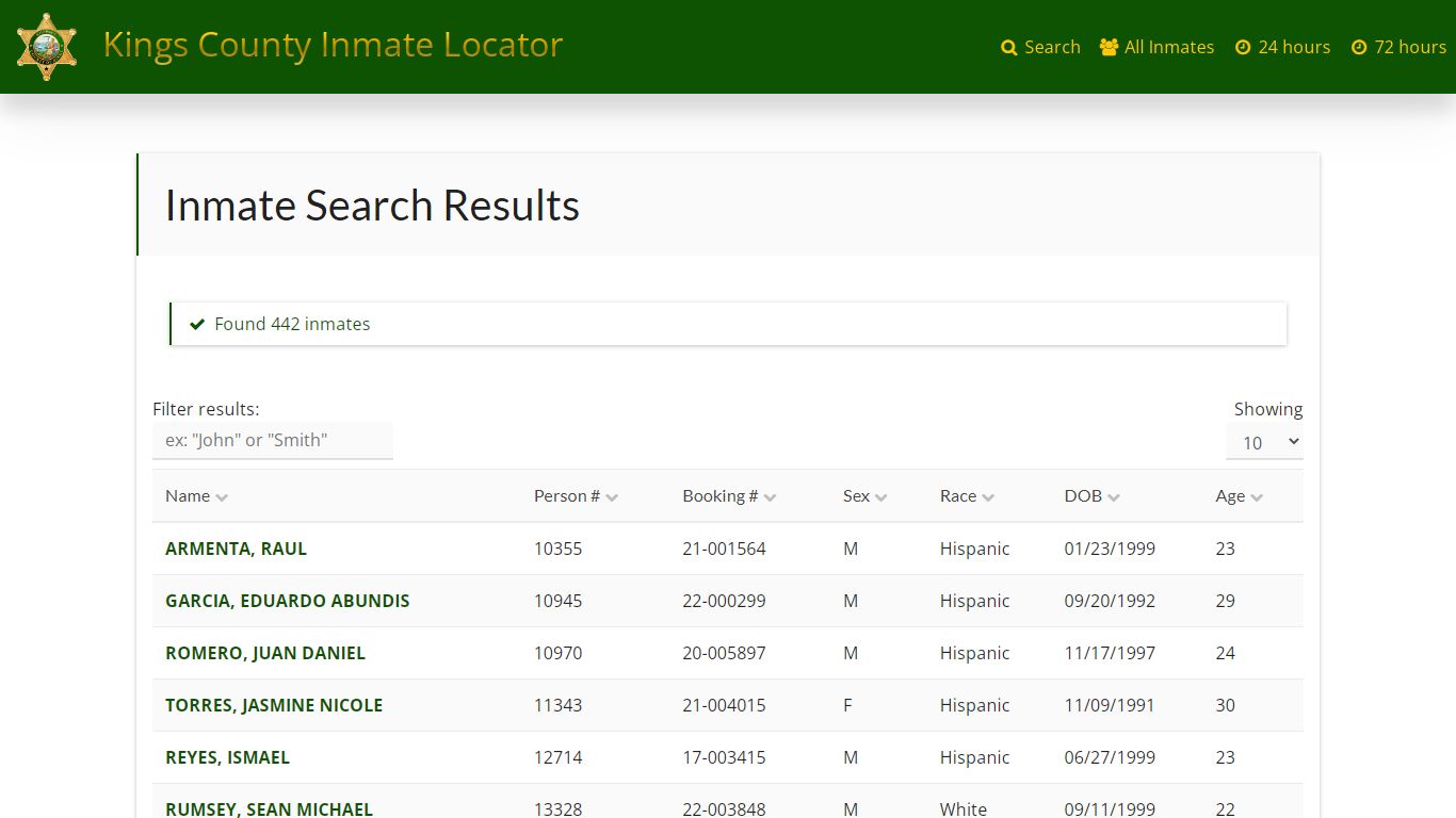 Inmate Search Results - County of Kings Inmate Locator